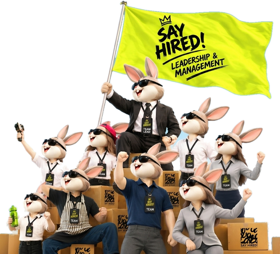 กระต่าย SAY HIRED! ผู้นำถือธง LEADERSHIP & MANAGEMENT ยืนบนกล่องลังพร้อมทีม